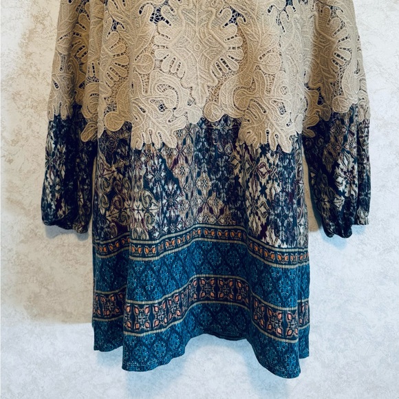 Vintage America Blues Ladies Peasant Pull Over Blouse Size Large Tan Lace Panels - Picture 3 of 16